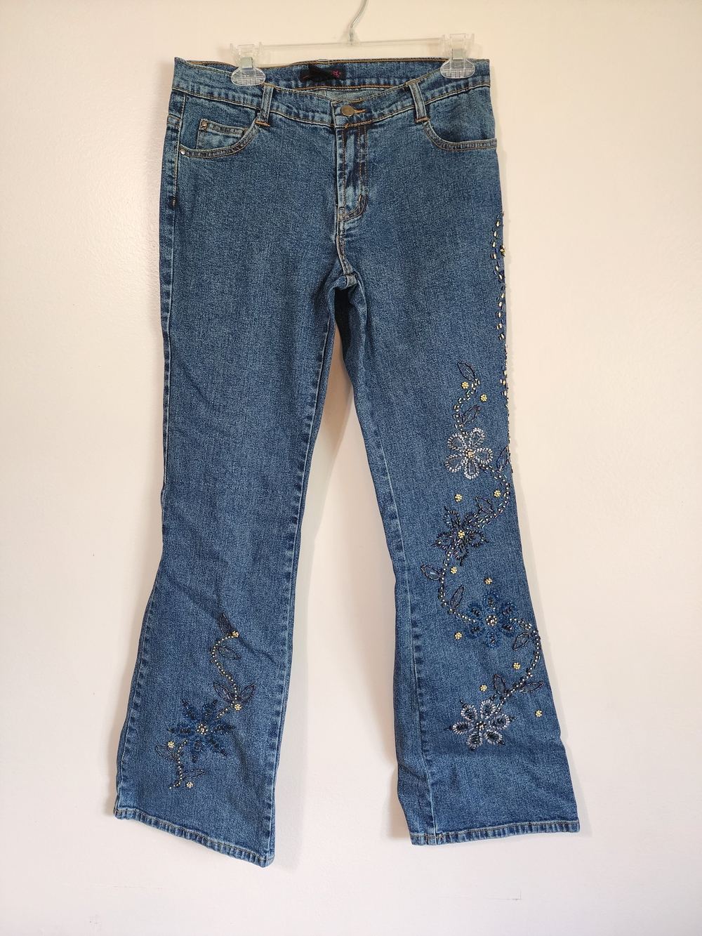 Willi Smith Vintage Blue Floral Embellished Flare Jeans